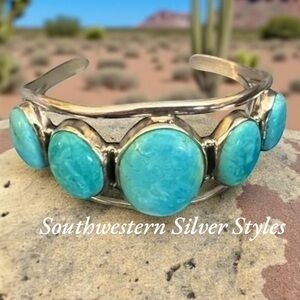 Vintage Southwestern Larimar Sterling Silver Native American Style Cuff Bracelet